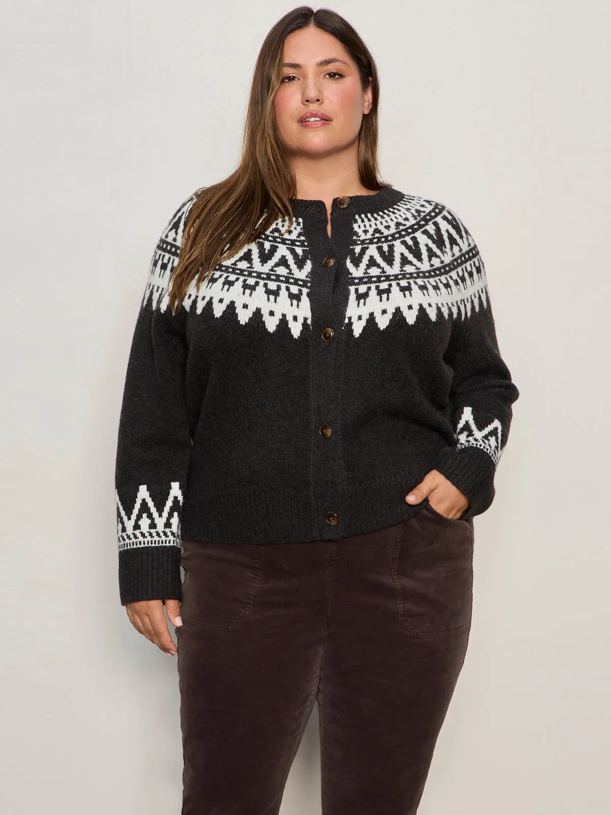 Trendy Sweater Versatile use Fairisle Crewneck Cardi Ink Multi Extended Sizing