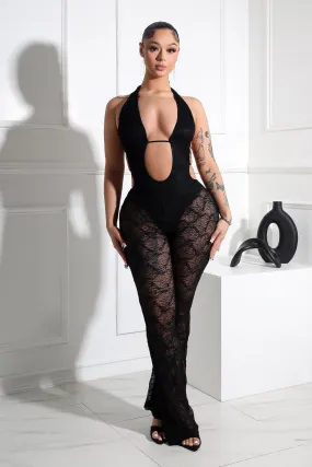 Versatile Style Compact Packability Laylin Halter Lace Cutout Jumpsuit