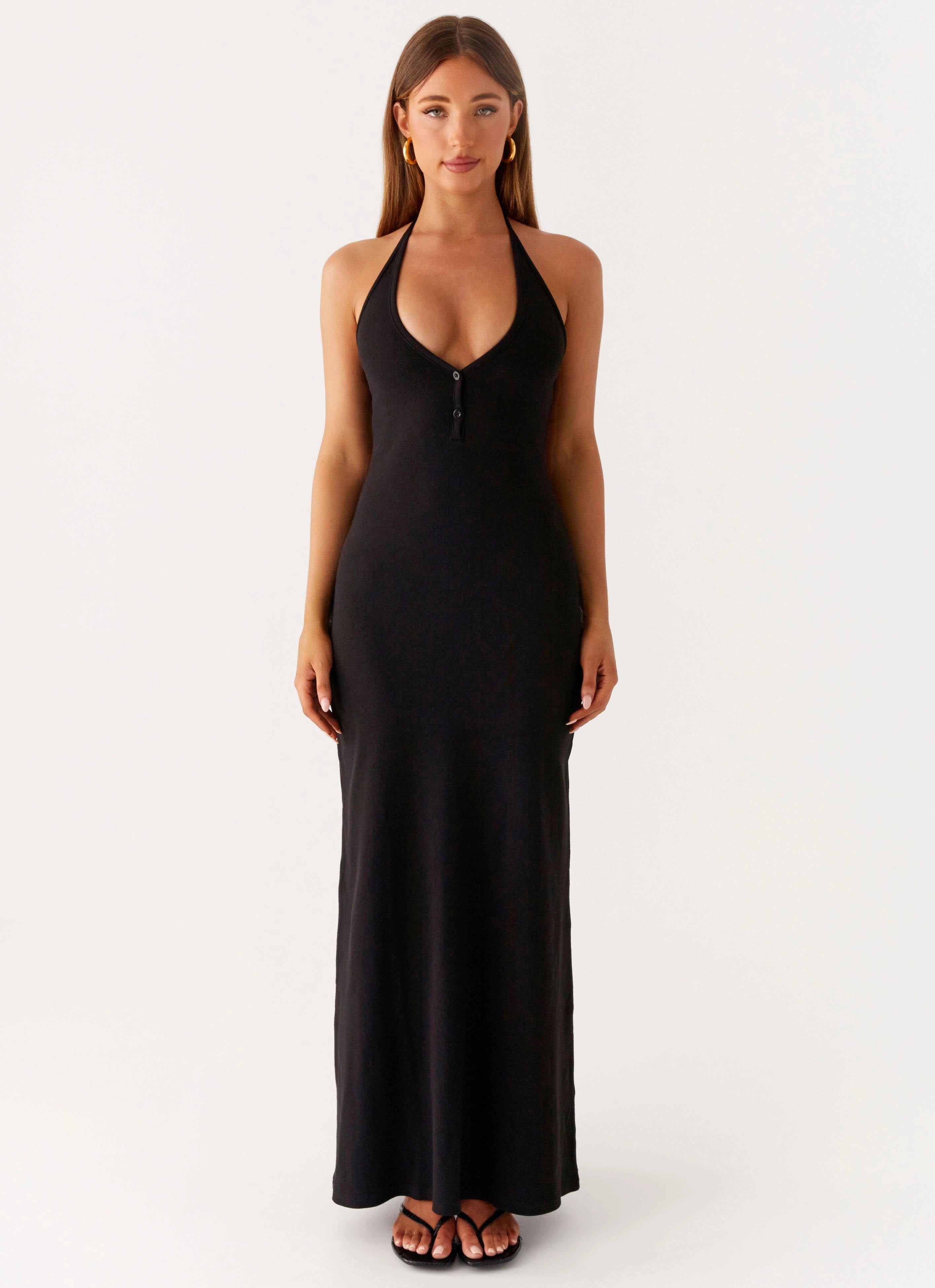 Unisex Option Yaselle Button Front Maxi Dress - Black