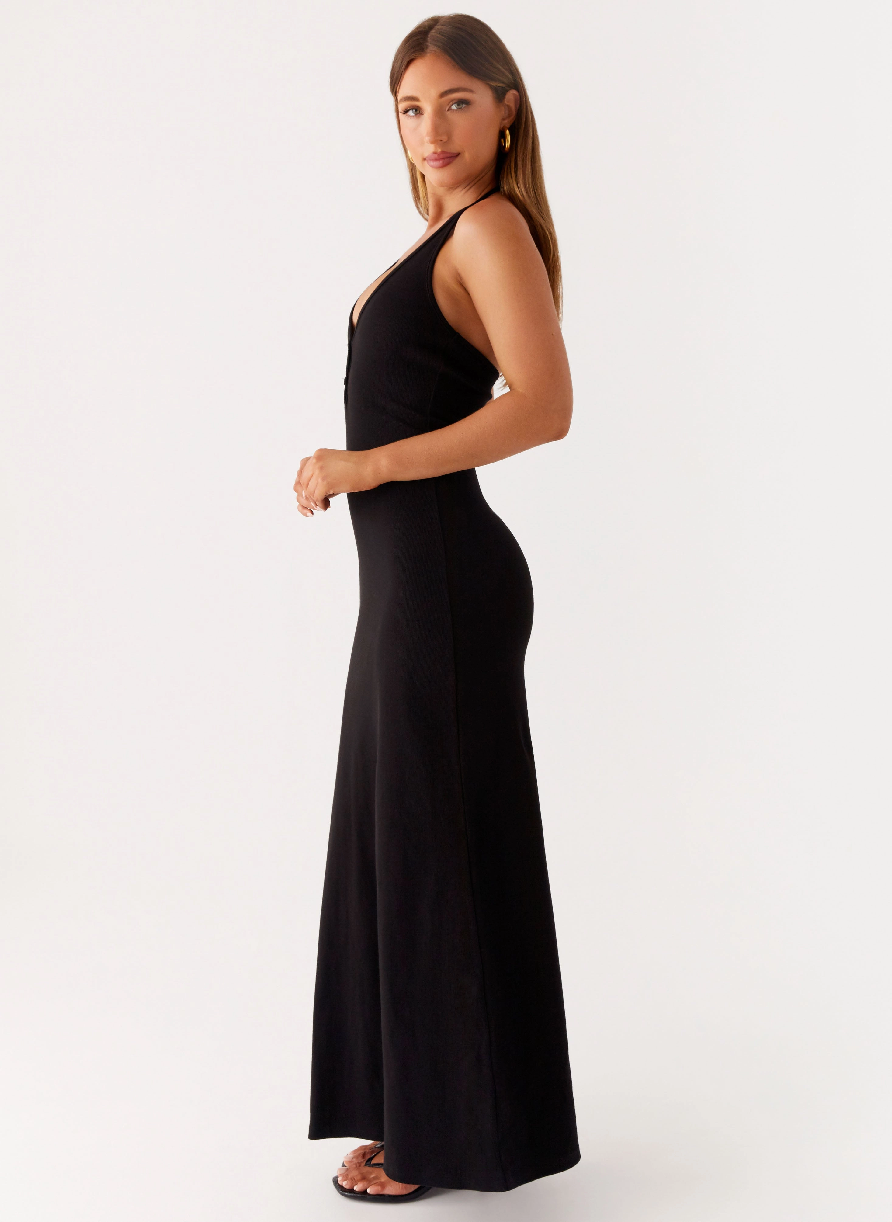 Yaselle Button Front Maxi Dress - Black Gathered-Detail