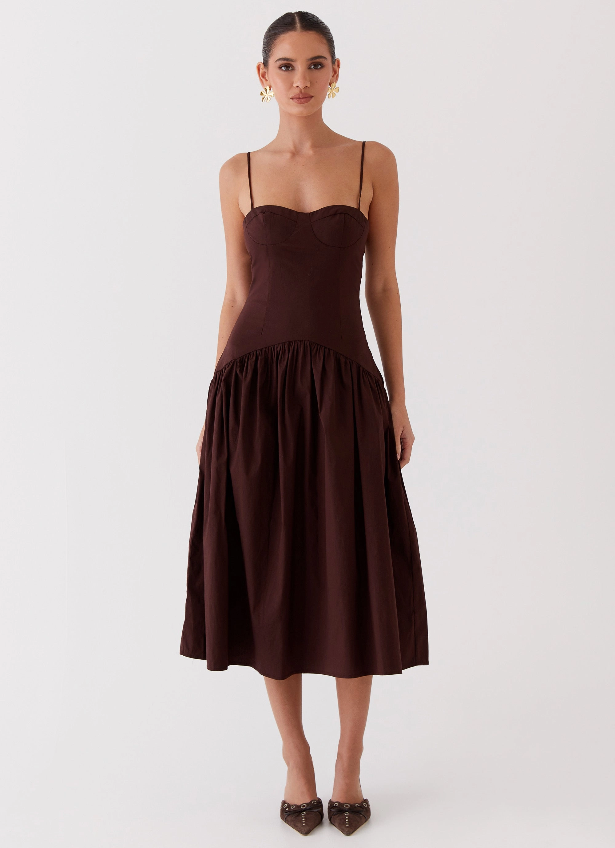 Yvette Corset Midi Dress - Chocolate Petite friendly