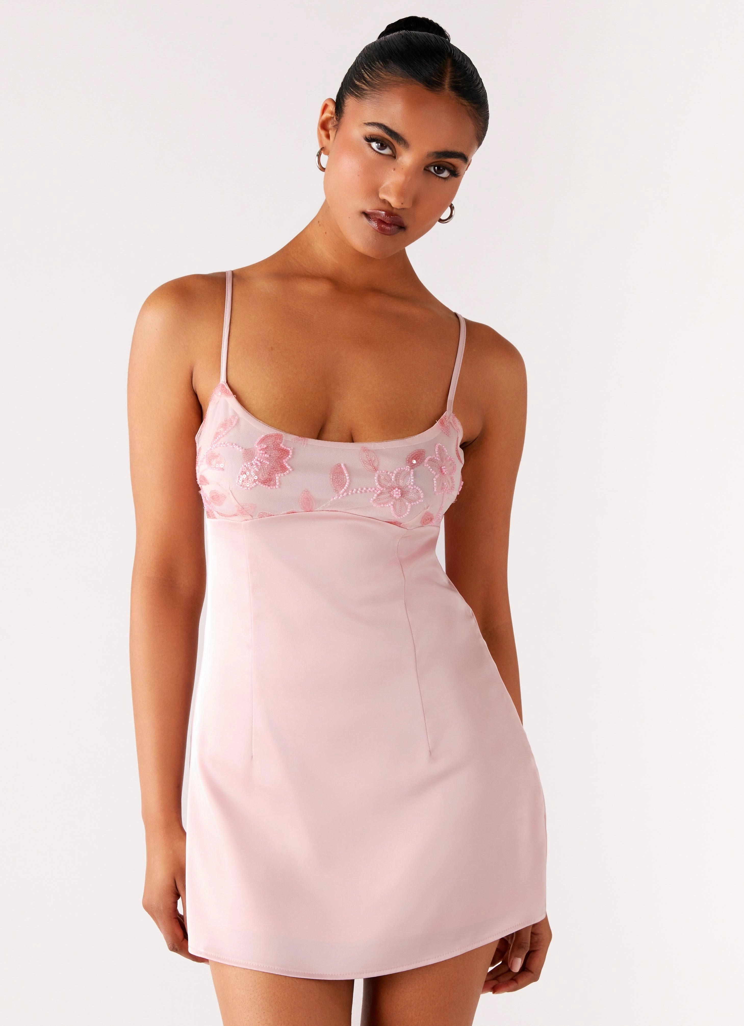Zion Beaded Mini Dress - Pink Tea length Subtle Details