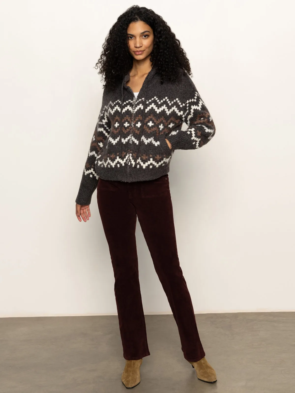 WrinkleResistant Fabric Zip-Up Fairisle Hoodie Mocha Fairisle