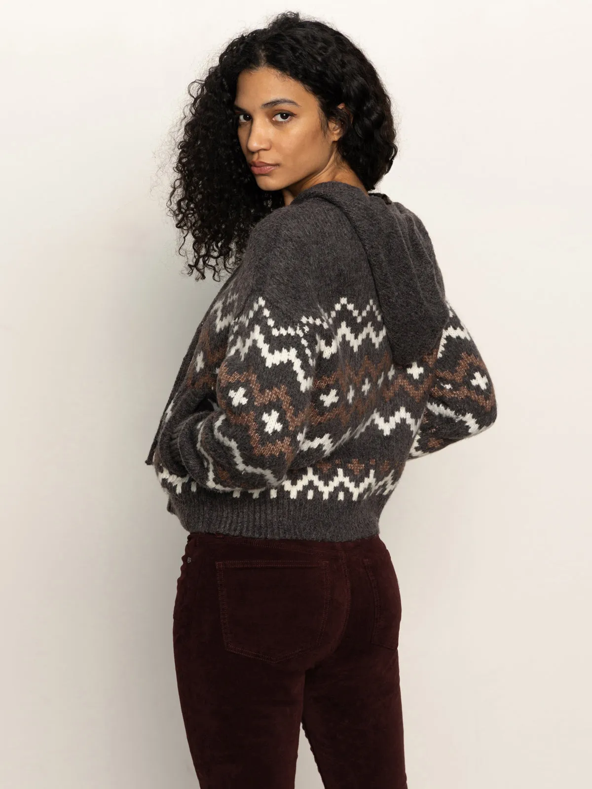 Zip-Up Fairisle Hoodie Mocha Fairisle ButtonFront