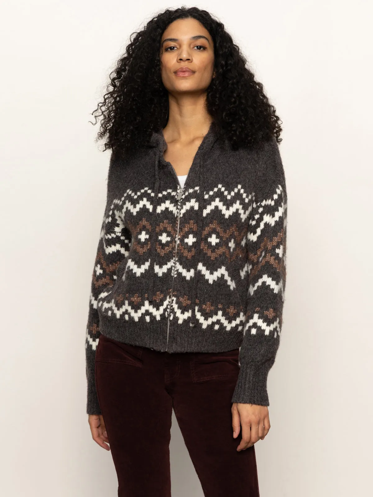 Zip-Up Fairisle Hoodie Mocha Fairisle AntiSnag Fabric